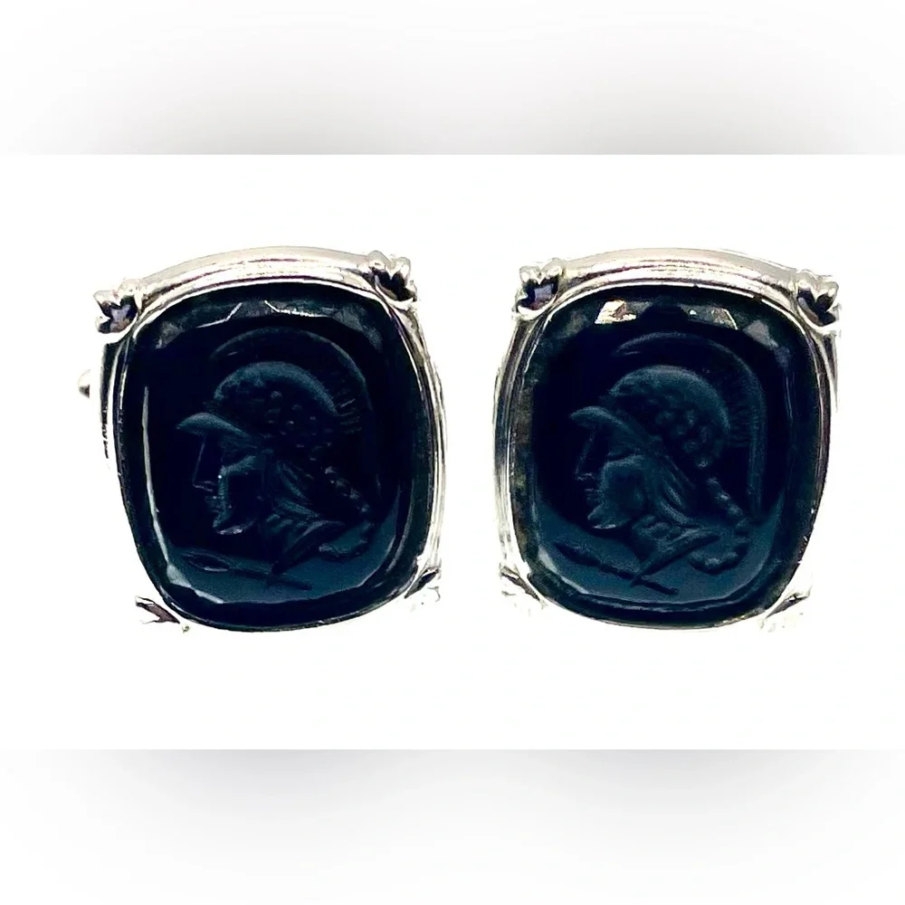 Vintage Silver Tone Black Intaglio Roman Soldier Warrior Cufflinks Tie Clip Set